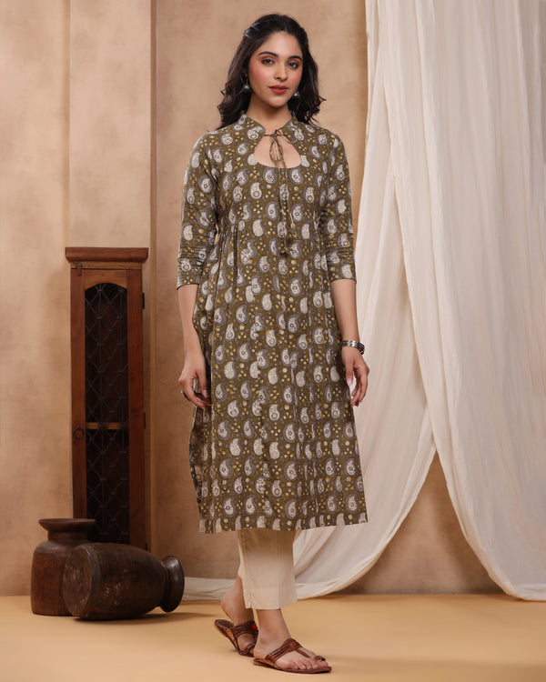 Moss Dabu Hand Block Printed Cotton Gathered Kurti