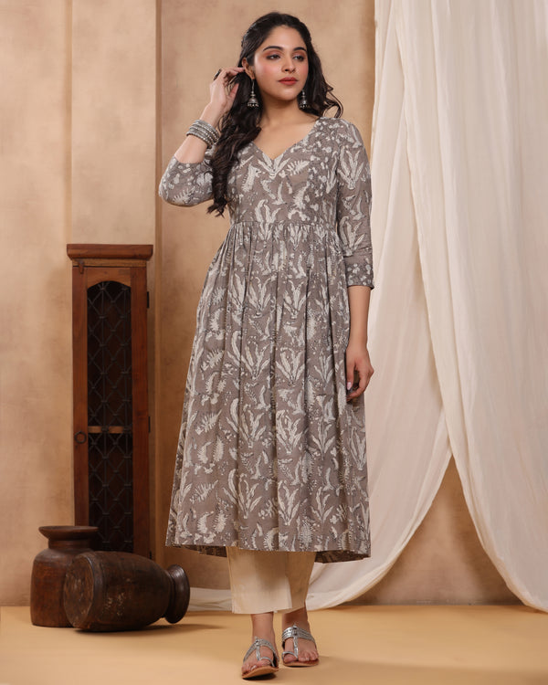 Kashish Dabu Hand Block Printed Cotton Gathered Kurti