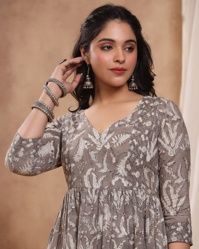 Kashish Dabu Hand Block Printed Cotton Gathered Kurti