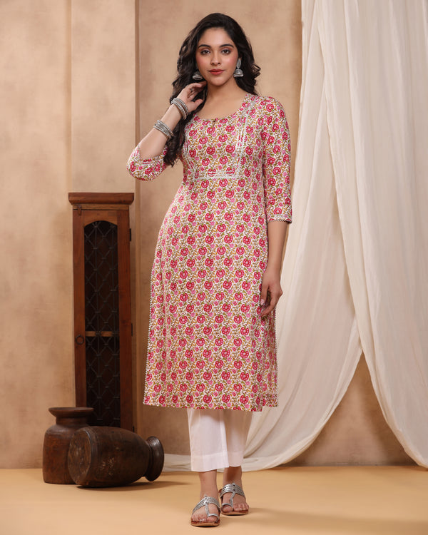 Jolly Magenta Block print Kurti with Gota Lace