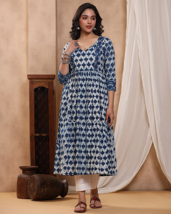 Indigo Dabu Baisa Hand Block Printed Cotton Gathered Kurti