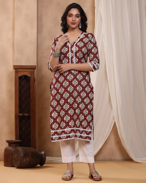 Bahaar Maroon Block print Kurti with Crochet lace